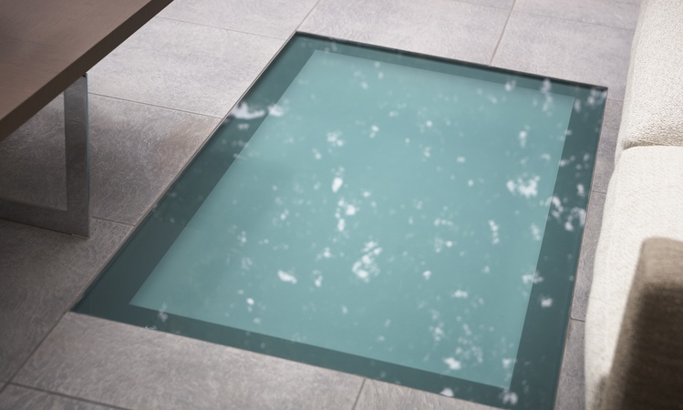 Internal glass floor in a single panel